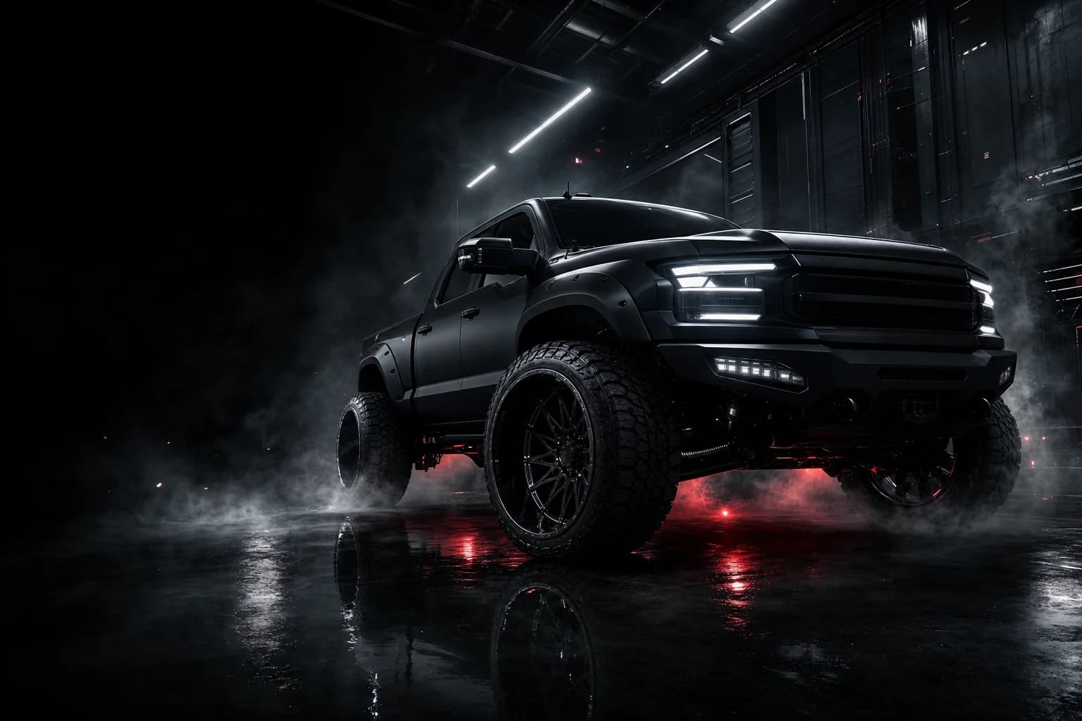Black performance truck in a dramatic cinematic setting